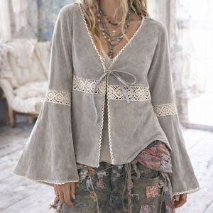 Me Jane suede leather y2k boho crocheted lace bell sleeve top